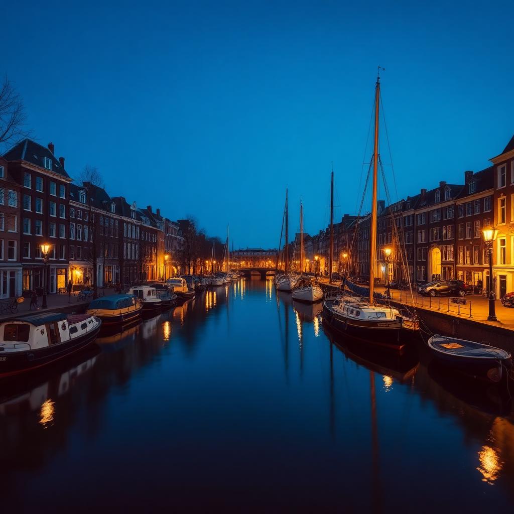 Amsterdamse gracht met woonboten en sloepen tijdens het blauwe uur
