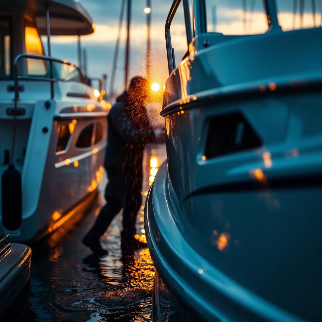 Monteur maakt een boot schoon aan de steiger bij zonsondergang